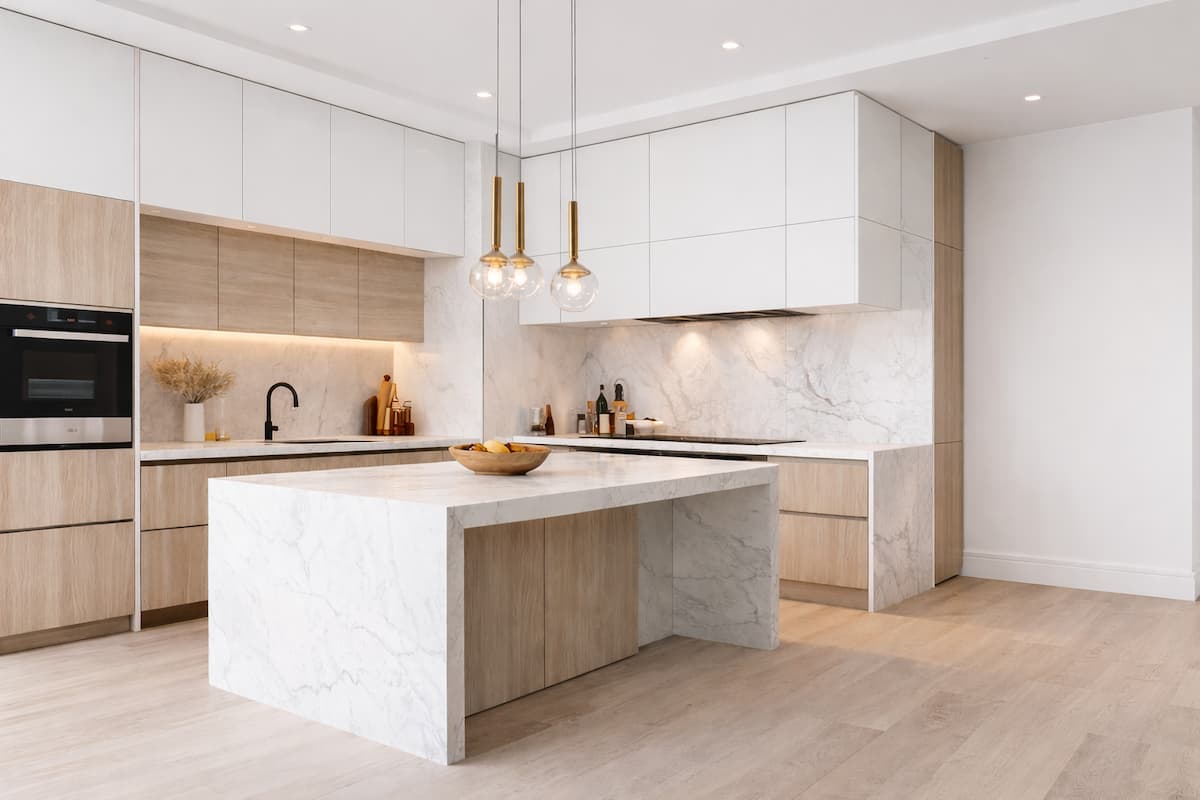 Modern kitchen with bespoke cabinets and marble island